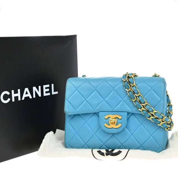 CHANEL CC Logo Mini Matelasse Chain Shoulder Bag Leather Blue GHW - Picture 1 of 14